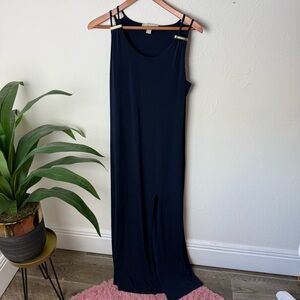 Michael Kors Navy Stretch Maxi Dress with Gold Logo Straps – Size M